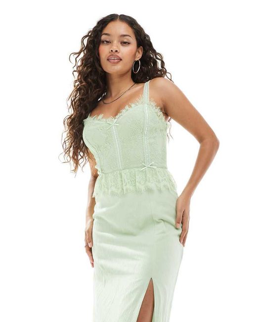 Miss Selfridge Green Cheesecloth Maxi Corset Dress With Ribbon Trims