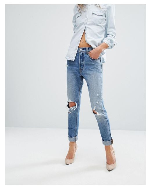 Levi's Blue 501 Skinny Jeans Ripped Knees