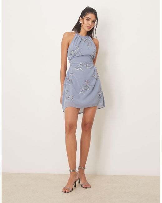 princess polly baby blue dress ASOS DESIGN Lace Insert Pleated Midi Dress With Embroidery In Navy