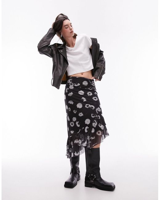 TOPSHOP Black Midi Mesh Skirt With Ruffle