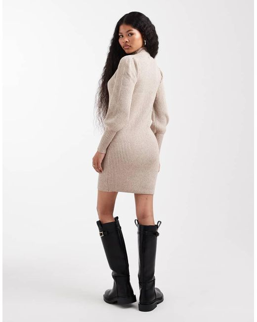 Vestito Maglia Accollato Con Maniche A Sbuffo di Only Petite in Natural