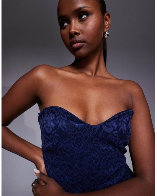 Vesper Blue Bengaline Lace Overlay Bandeau Sweetheart Neckline Pleat Hem Detail Midi Dress