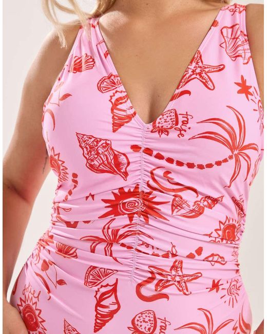 Yours Clothing Pink Shell Print Ruched Plunge Swimsuit