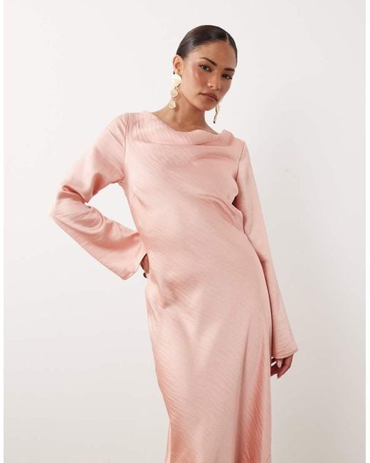 TFNC London Pink Satin Flared Long Sleeve Maxi Dress