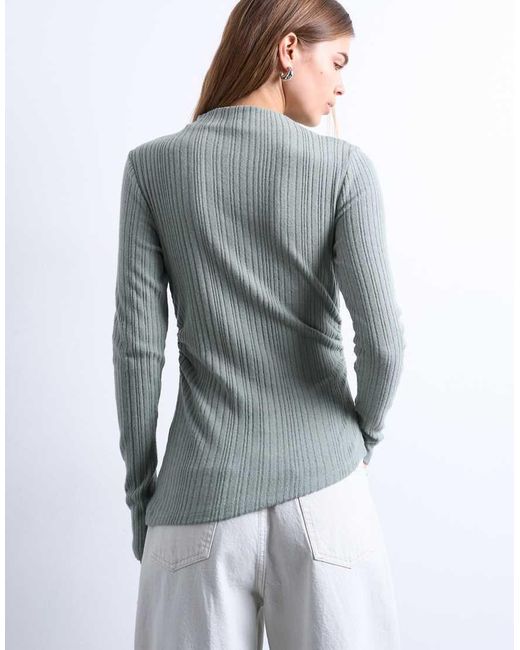 Top A Maniche Lunghe Accollato Verde Salvia A Coste di TOPSHOP in Gray