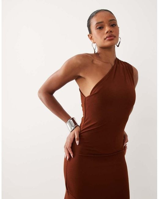 Vila Brown One Shoulder Slinky Midi Dress