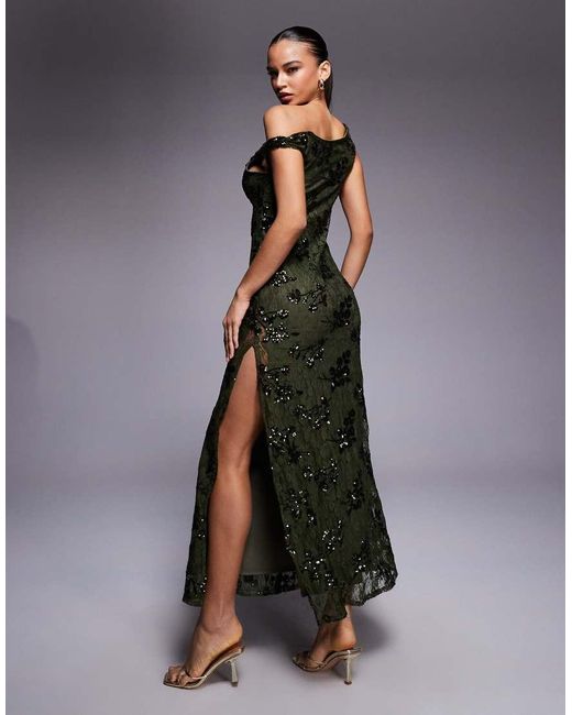 ASOS Blue Sequin Lace Twist Off Shoulder Lace Up Back Detail Maxi Dress