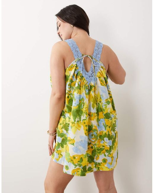 ASOS Green Asos Design Curve V Neck Smock Poplin Mini Sundress With Lace Overlay