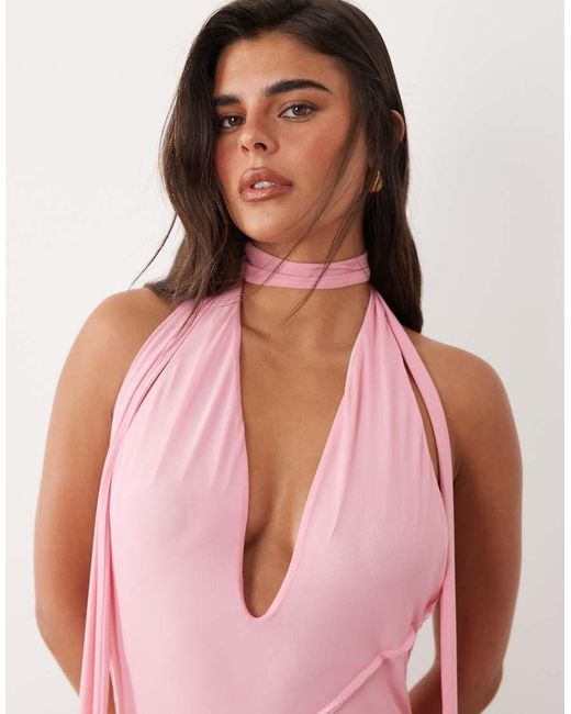 ASOS Pink Scarf Detail Plunge Halter Maxi Dress With Raw Seam Details