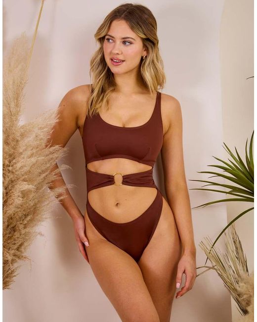 Wolf & Whistle Brown X Maia Andrews Cut Out Ring Front Swimsuit