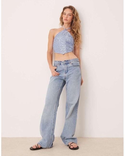 ASOS Blue Halter Neck Sequin Top With Tie Back Detail