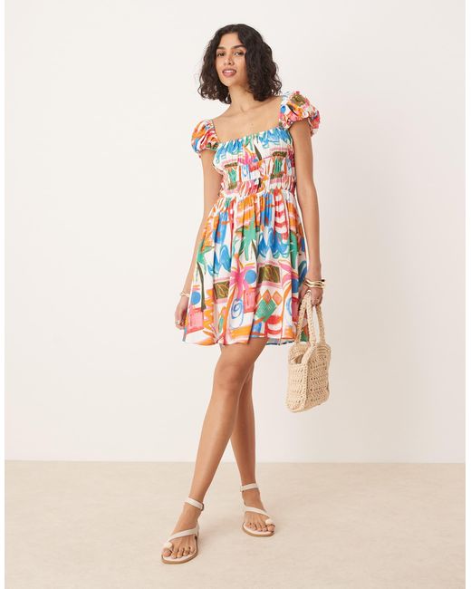 ASOS Multicolor – minikleid mit eckigem ausschnitt, auffälligem muster und geraffter taille mit tunnelzug
