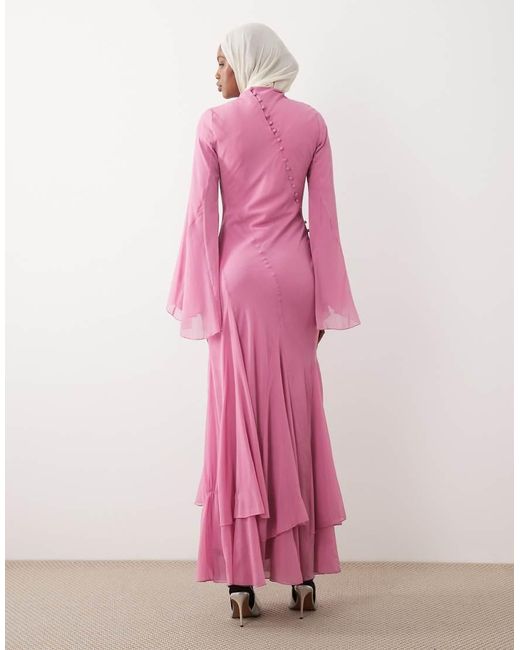 ASOS Pink Long Sleeve Layered Godet Bias Cut Maxi Dress