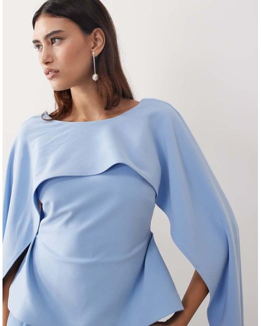 ARRANGE Blue Drape Shoulder Layered Pleated Maxi Dress