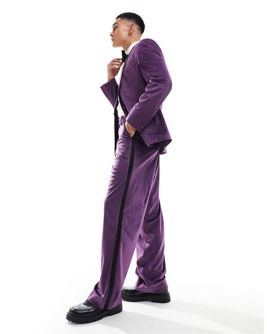 ASOS Purple Wide Leg Velvet Tuxedo Suit Pants for men
