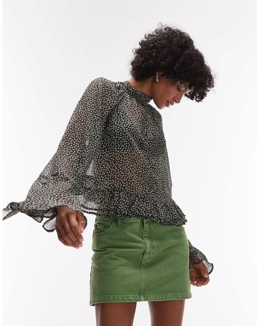 Mango Black Flute Sleeve Printed Blouse