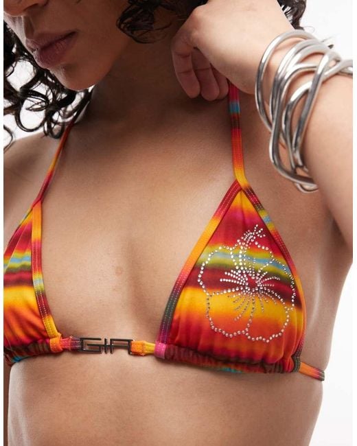 I.AM.GIA Orange Ava Halterneck Diamante Logo Striped Bikini Top