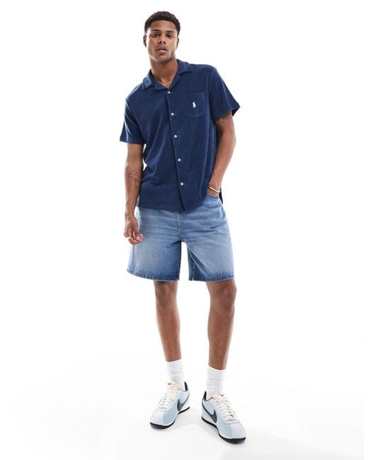 Polo Ralph Lauren Blue Icon Logo Pocket Short Sleeve Lightweight Cotton Terry Revere Collar Shirt for men