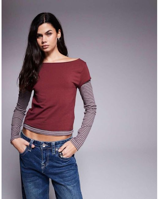Edikted Red Laye Stripey Long T-shirt