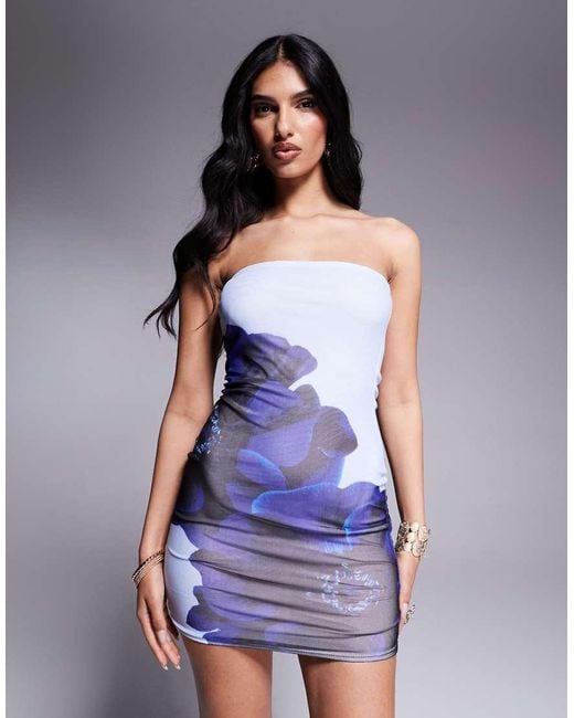 Kaiia Purple Exclusive Double Layered Slinky Mesh Bandeau Mini Dress
