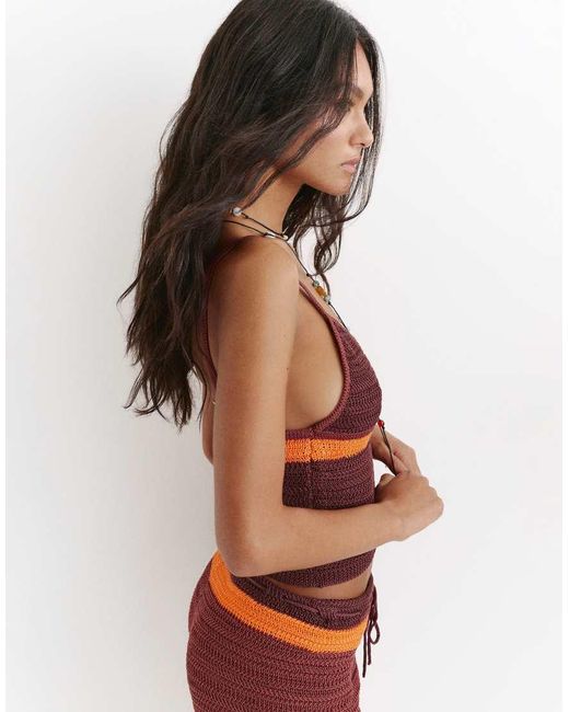 Pull&Bear Red Striped Crochet Knit Top
