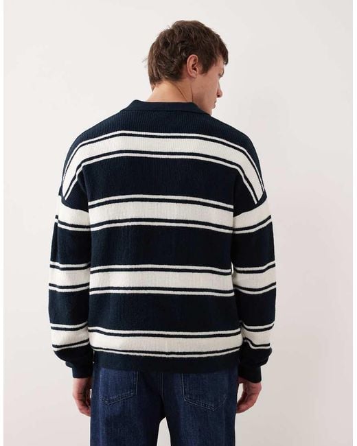 ASOS Blue Relaxed Knitted Long Sleeve Polo With Chest Embroidery for men