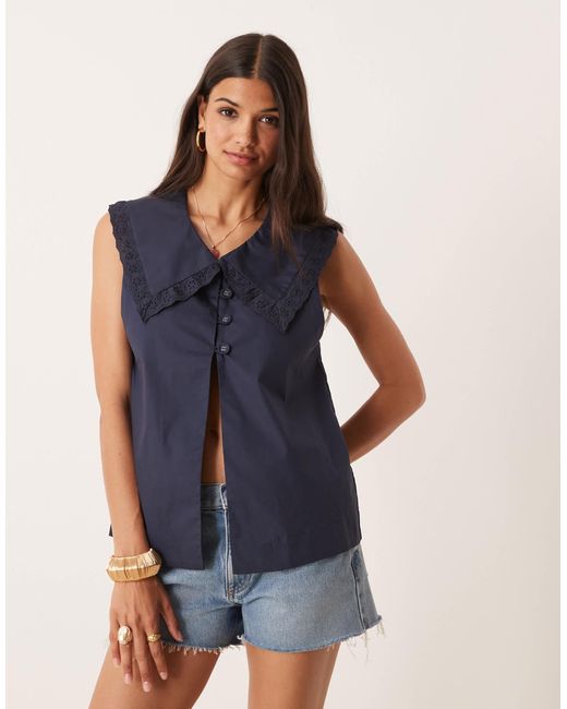 Vrg Grl Blue Mae Collar Detail Short Sleeve Blouse