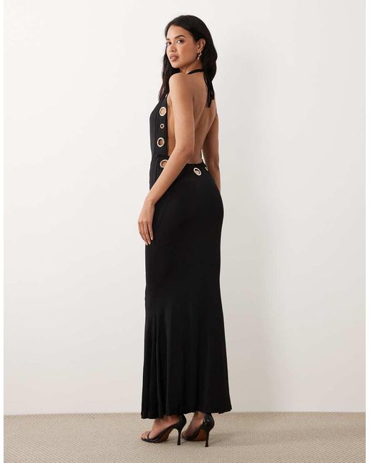 Murci Blue Slinky Halterneck Extreme Cowl Front Eyelet Detail Low Back Maxi Dress