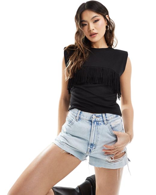 ASOS Black Tank Top With Suedette Fringing And Shoulder Pads