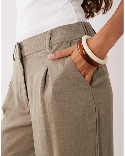 ASOS Natural Asos Design Petite Wide Leg Trousers With Pleat Detail