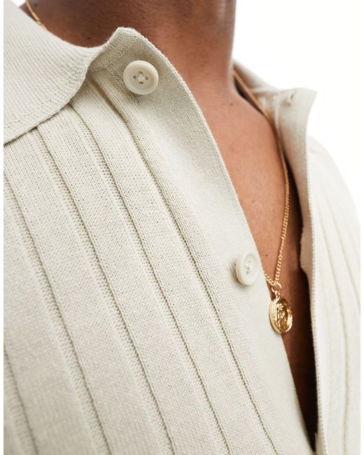 ASOS – leichtes polohemd aus rippstrickin steinbeige mit durchgehender knopfleiste in White für Herren