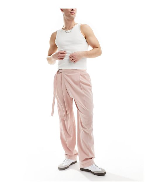 ASOS Pink Smart Linen Blend Wide Leg Trousers With Asymmetric Wrap for men