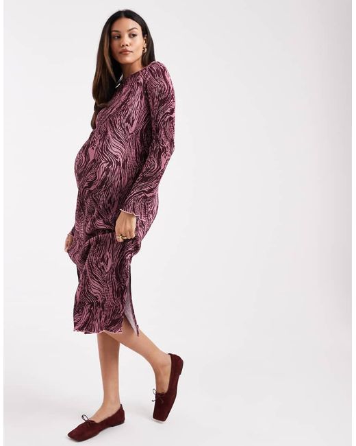 Mama.licious Red Mamalicious Maternity Boat Neck Plisse Midi Dress