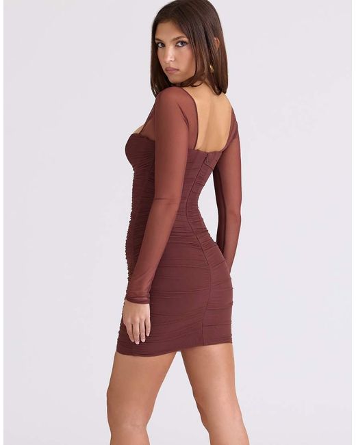 House Of Cb Red Anouk Mesh Long Sleeve Mini Dress