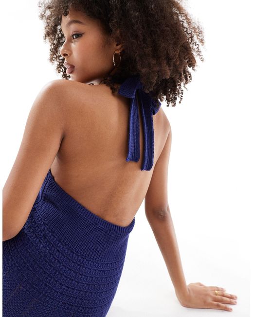 Nobody's Child Blue Mock Crochet Halter Mini Dress