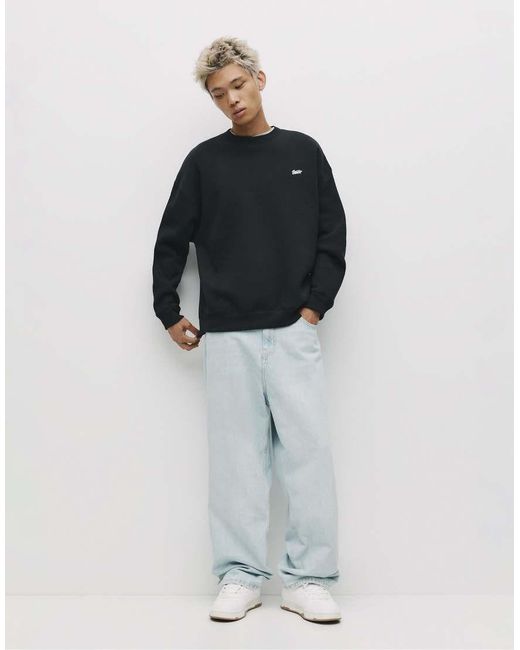 Pull&Bear Black Round Neck Stwd Sweatshirt for men