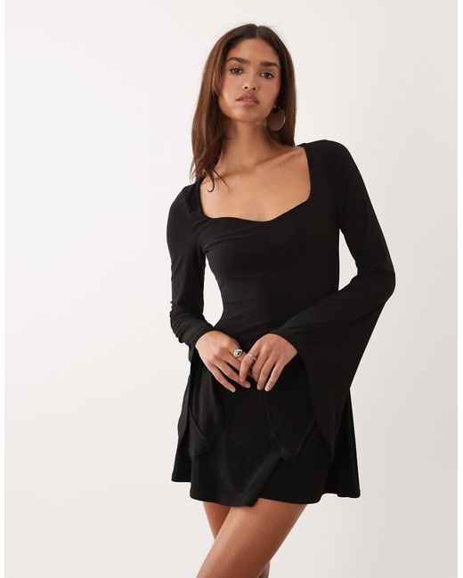 ASOS Black Flute Sleeve Flippy Mini Dress With Sweetheart Neckline