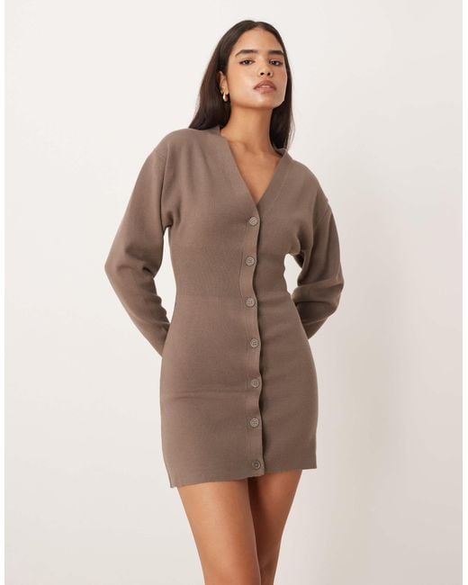 Gina Tricot Long Bell Sleeve V Neck Mini Knitted Button Dress in Brown |  Lyst