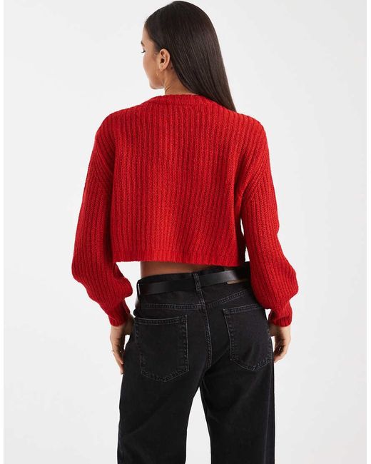 Threadbare Red Cropped Knitted Rib Crew Neck Jumper