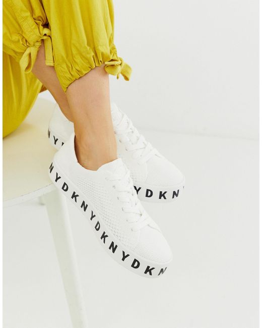 DKNY White Knitted Platform Sneaker