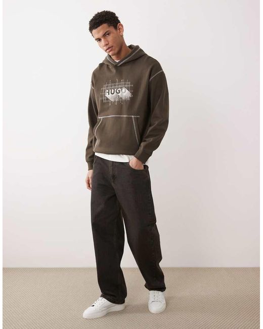 HUGO Gray Nothalium Graphic Chest Print Logo Hoodie for men