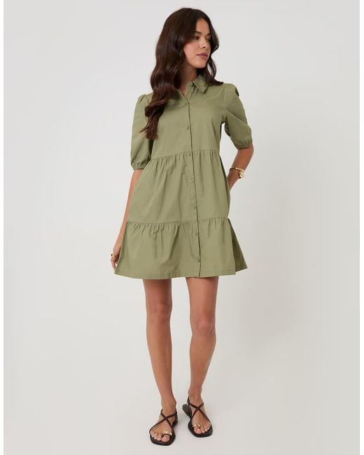 Threadbare Green Tiered Cotton Poplin Button Up Mini Dress