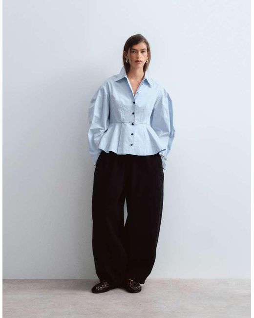 ARRANGE Blue Structured Collared Peplum Shirt With Contrast Buttons