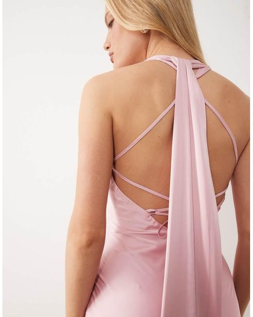 TFNC London Pink Bridesmaids Satin V Neck Lace Up Open Back Detail Scarf Neck Maxi Dress