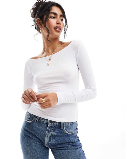 Cotton On White Boat Neck Long Sleeve Top