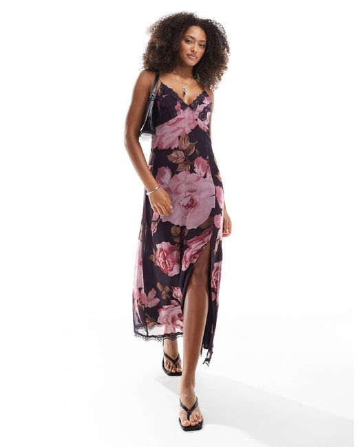 Miss Selfridge Red – midi-trägerkeid mit überdimensionalem blumenmuster und spitzenbesatz