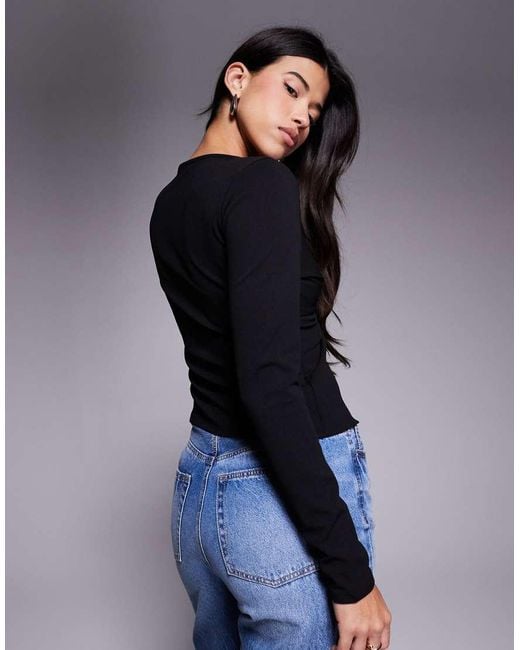 ASOS Blue Crepe Twist Front Long Sleeve Top With Shoulder Pads