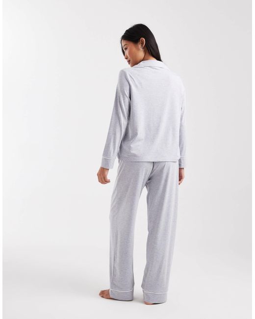 ASOS Gray Asos Design Petite Super Soft Long Sleeve Shirt & Pants Pyjama Set With Contrast Piping