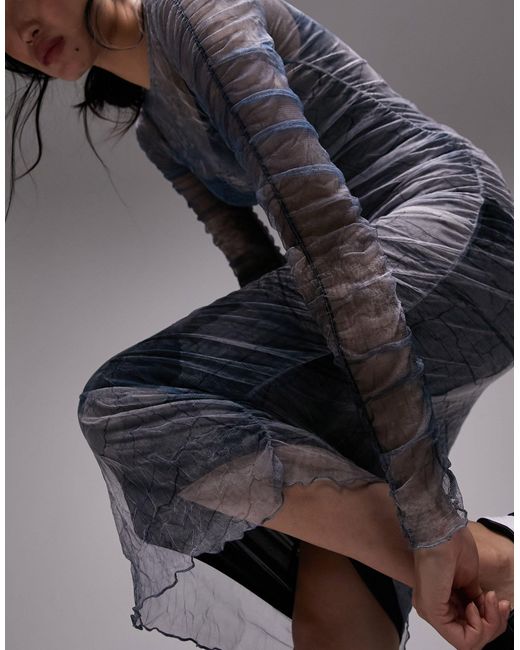 TOPSHOP Gray Crinkle Mesh Shirred Midi Dress