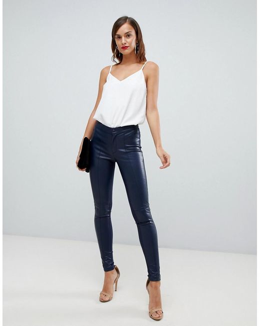 Skinny Faux Leather Pants in Navy 
